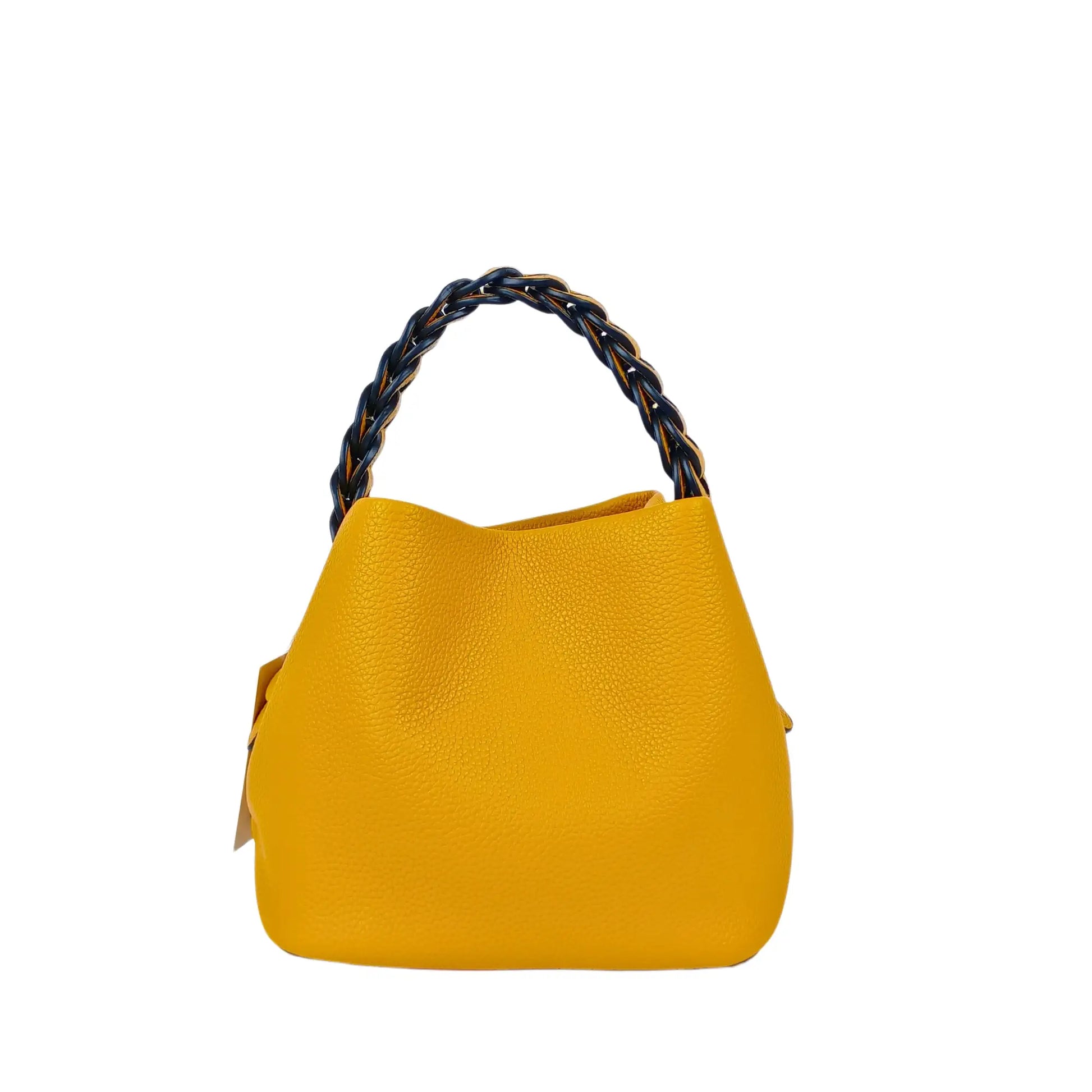 Textured yellow leather bucket handbag with braided handle, ideal for women’s bags & wallets