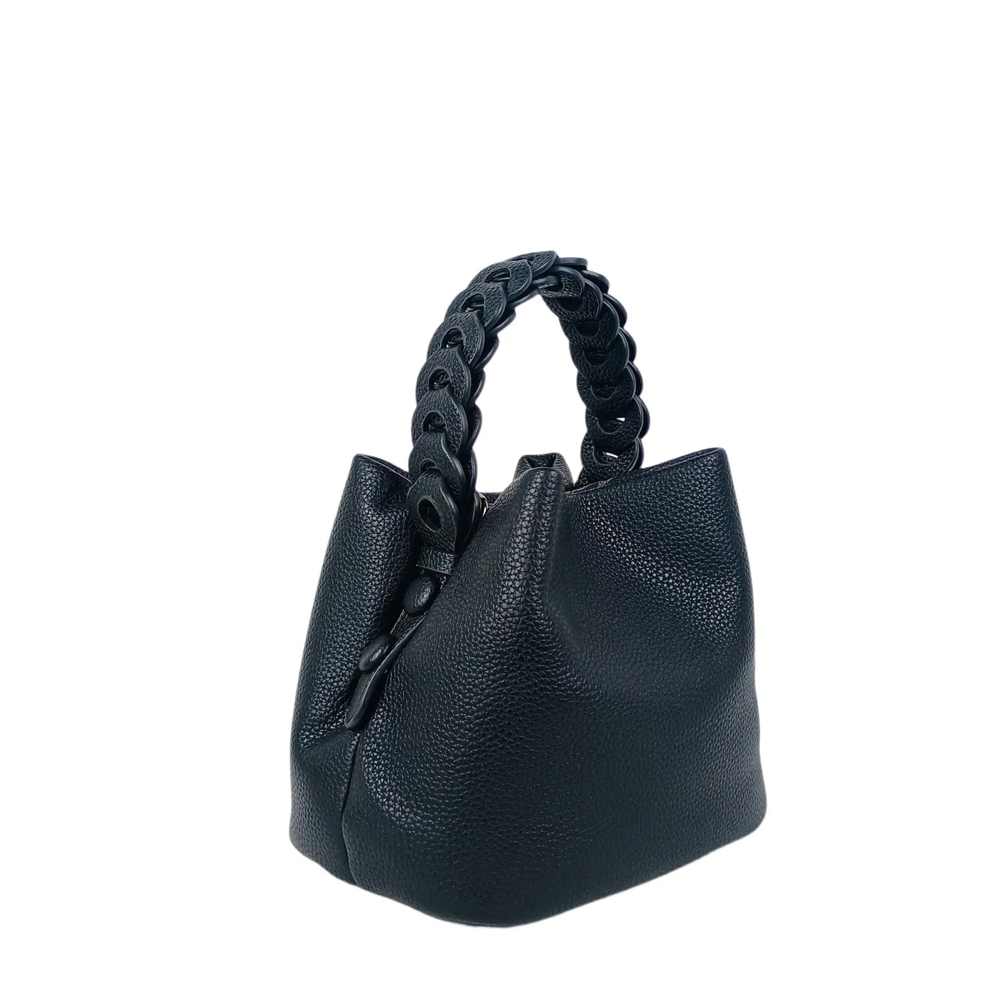 Black leather bucket handbag with braided handle, ideal for women’s bags & wallets online