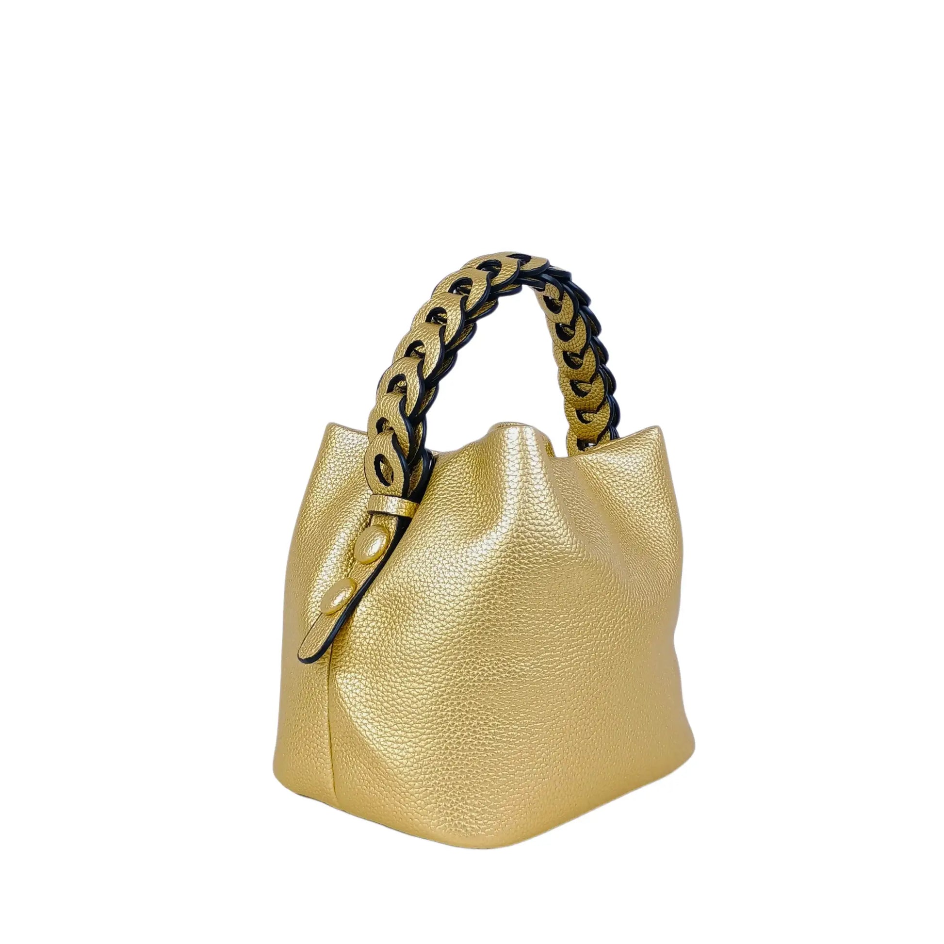 Gold metallic leather bucket handbag with braided handle, ideal for women’s bags & wallets online