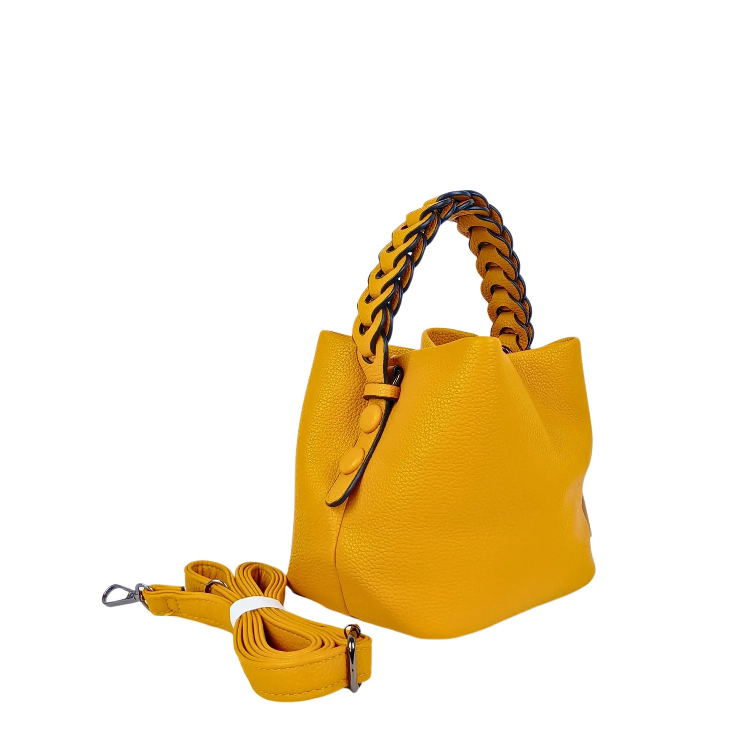 Bright yellow textured leather bucket handbag with braided handle, ideal for women’s bags & wallets