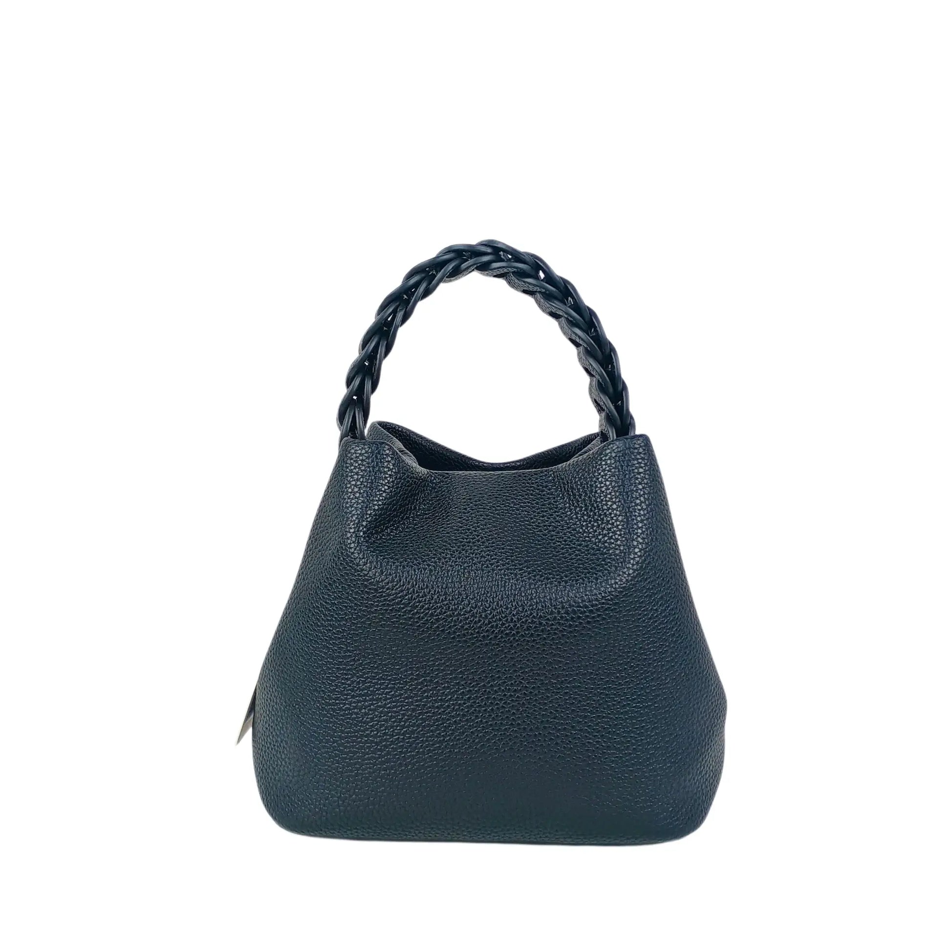 Dark navy blue faux leather bucket handbag with braided handle, ideal for women’s bags & wallets online