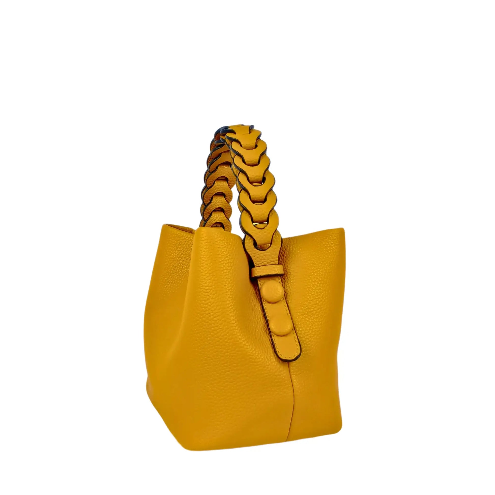 Mustard yellow textured leather bucket handbag with braided handle for women’s bags & wallets