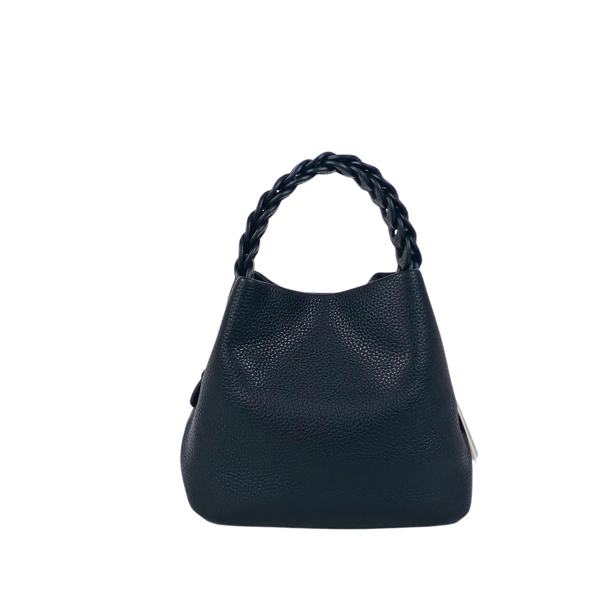 Black pebbled leather bucket handbag with braided handle, ideal for women’s bags & wallets online