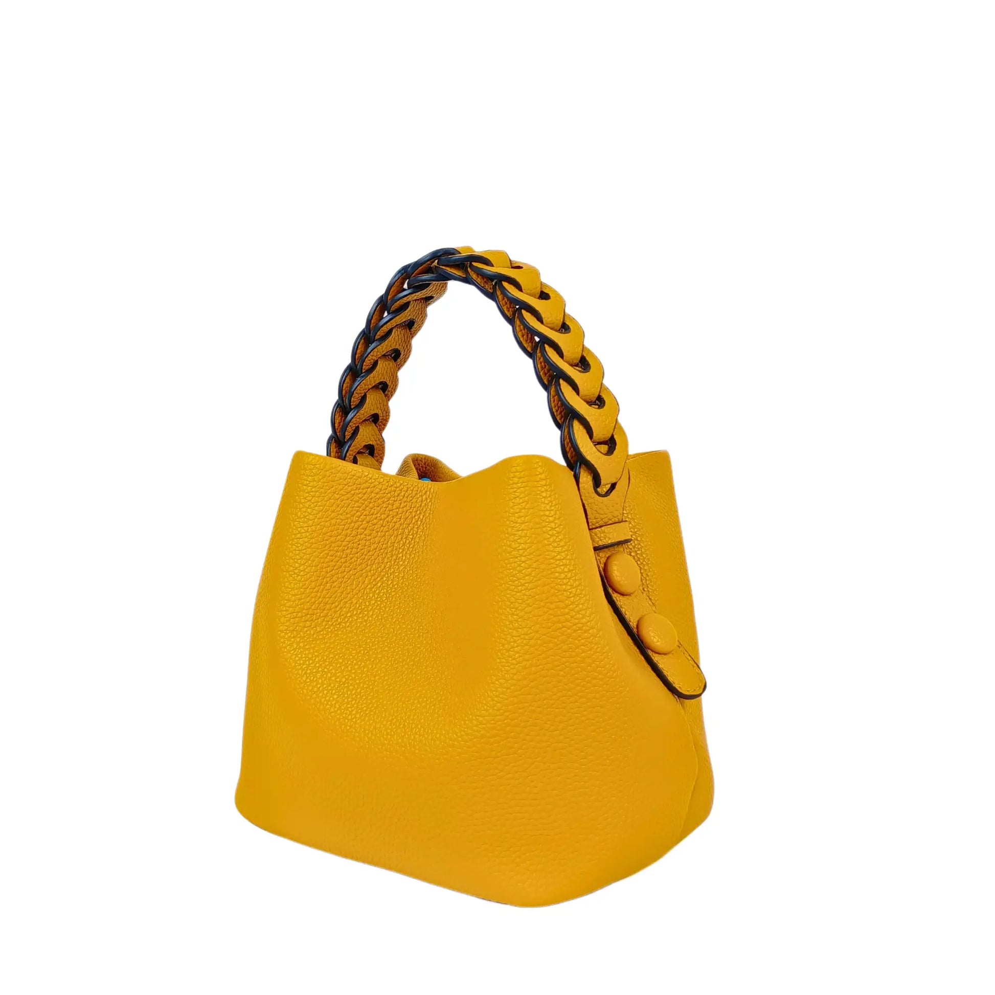 Mustard yellow textured leather bucket handbag with braided handle for women’s bags & wallets