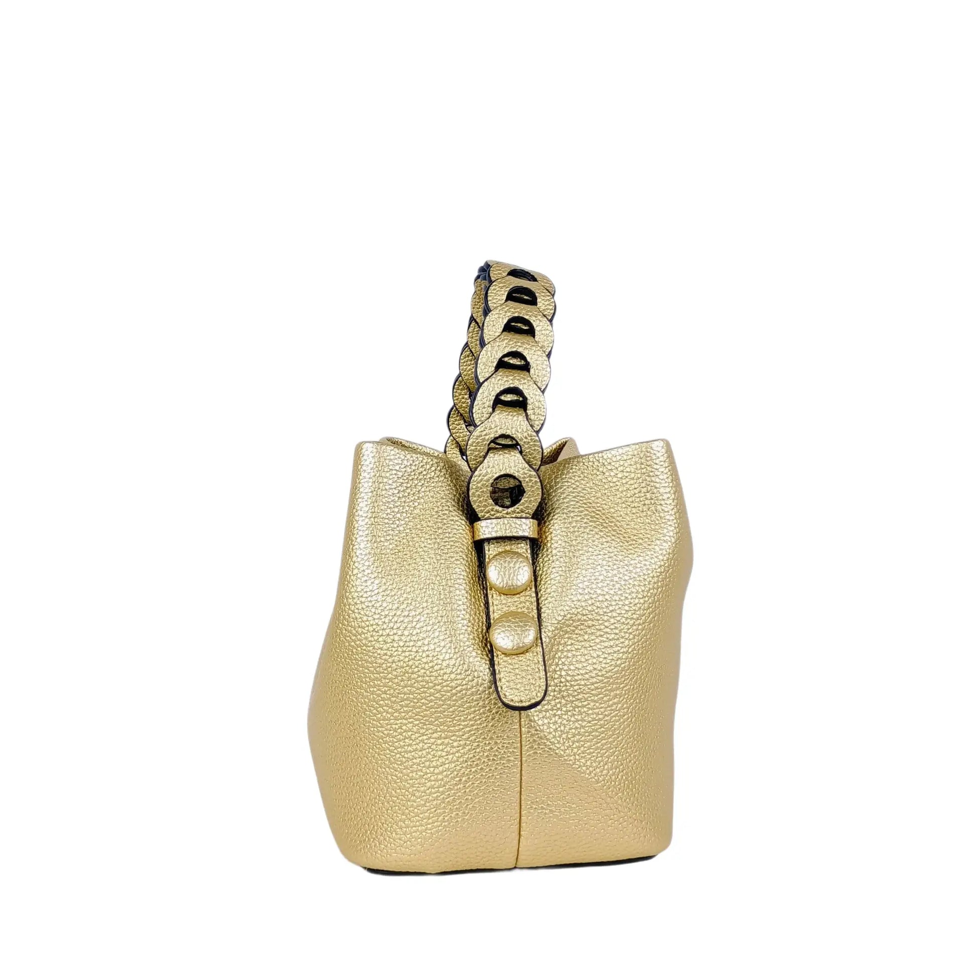 Metallic gold bucket handbag with braided top handle, ideal for women’s bags & wallets online
