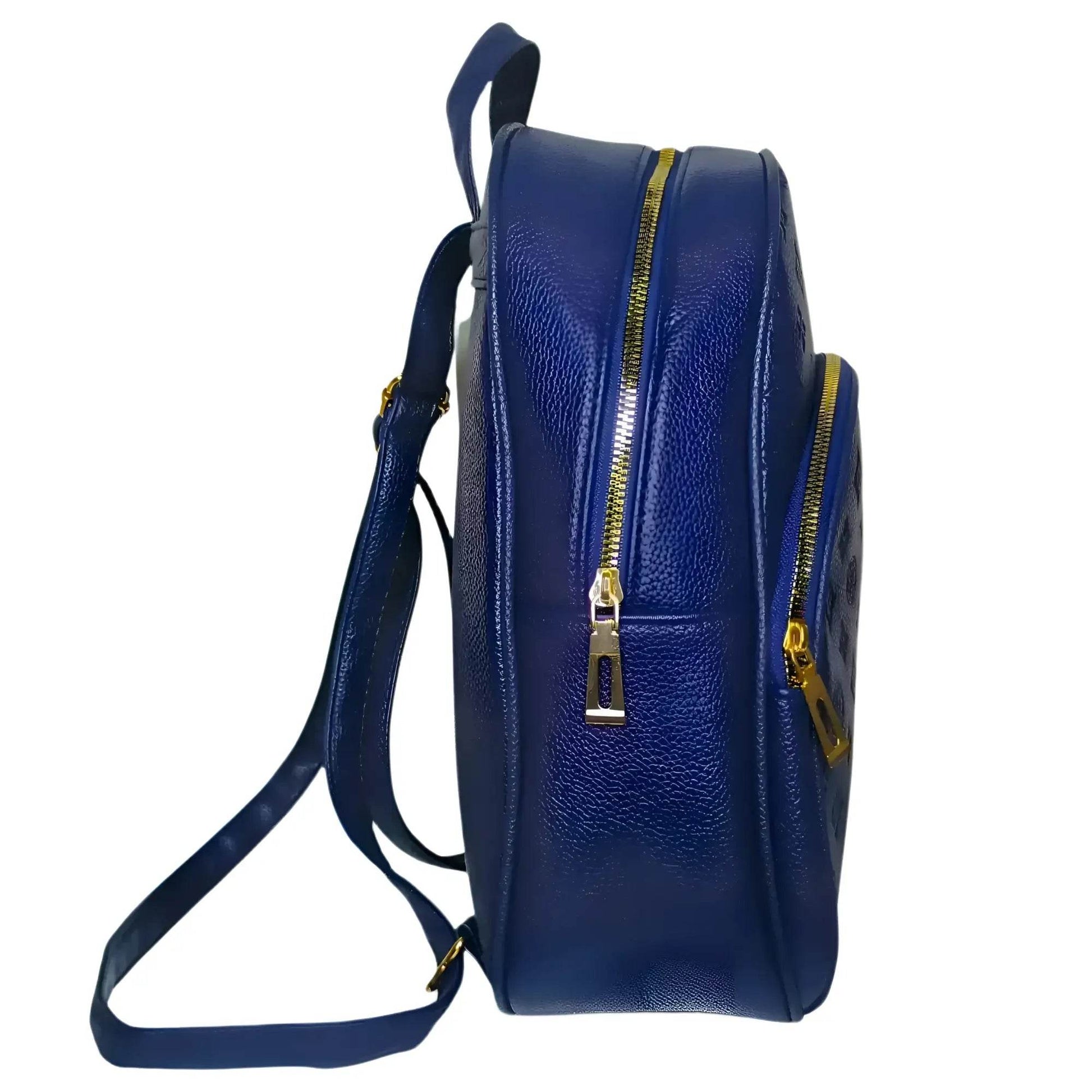 Navy Blue Leather Mini Backpack for Women with Gold Zipper - Stile Donna Bags