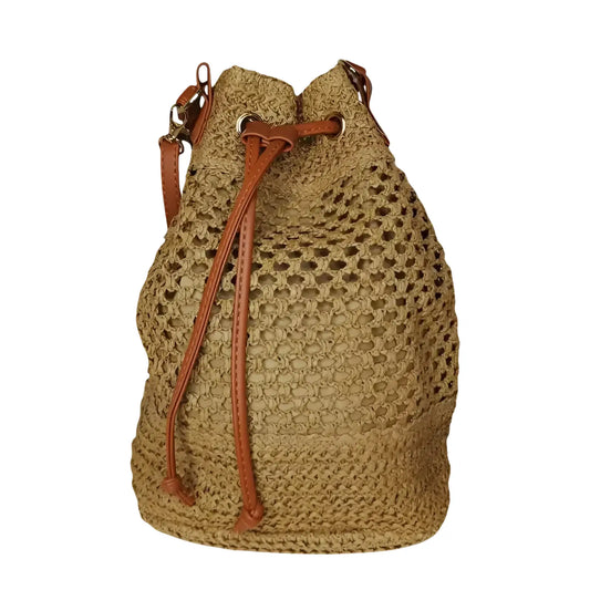 Brown Handmade Net Bucket Bag with Leather Straps - Stile Donna Bags