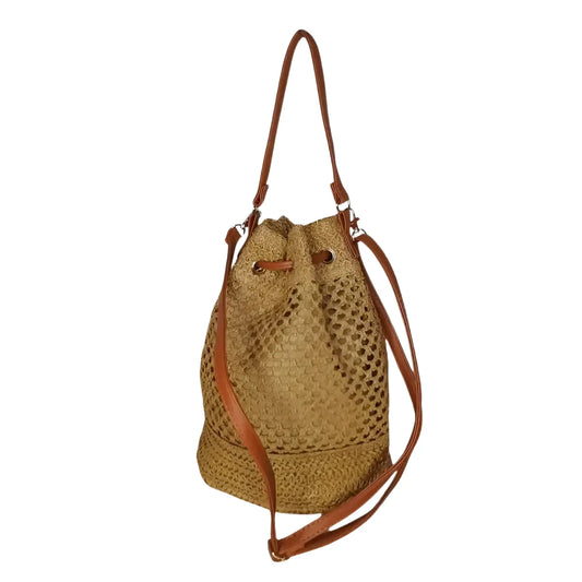 Brown Handmade Net Bucket Bag with Leather Straps - Stile Donna Bags
