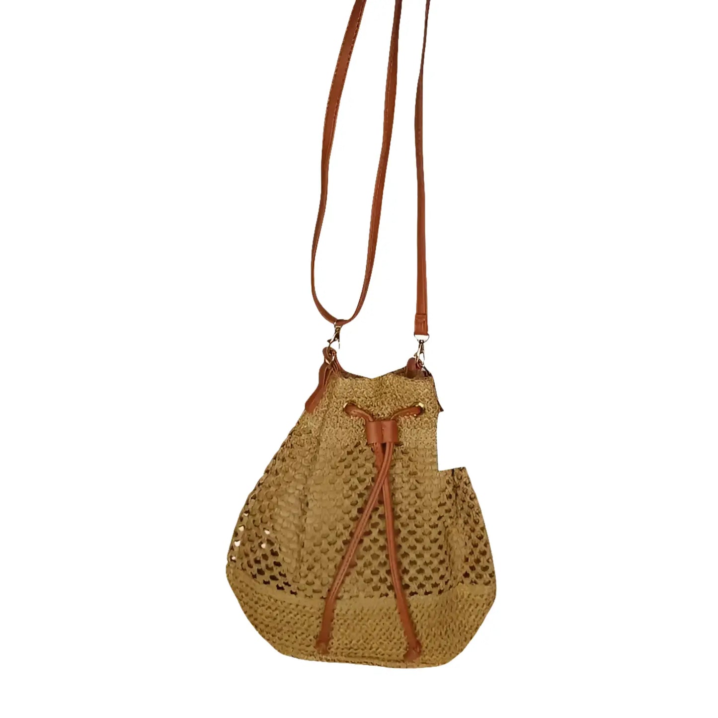 Brown Handmade Net Bucket Bag with Leather Straps - Stile Donna Bags