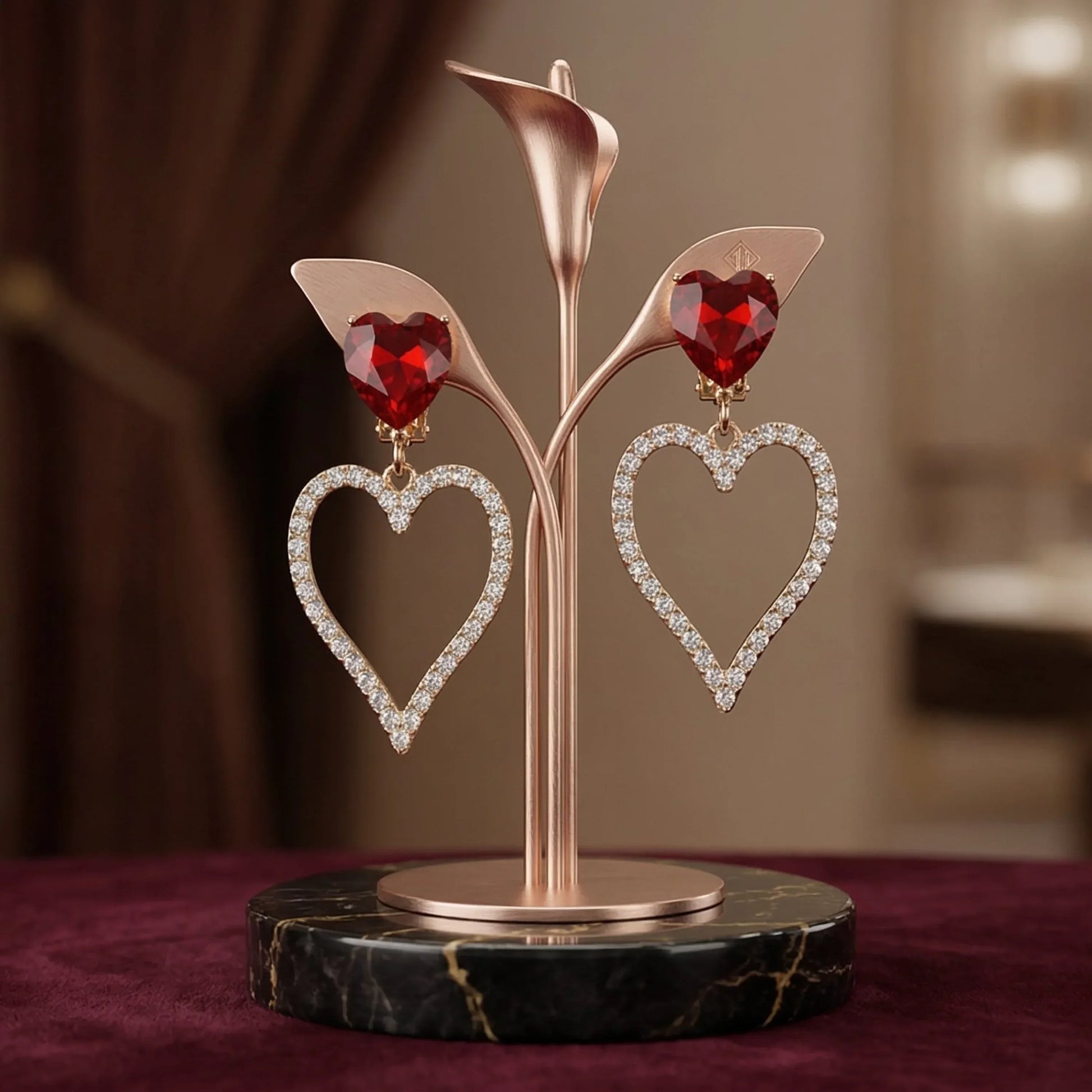 Orecchini Con Perno A Cuore Di Cristallo Rosso E Oro, Cuo… | Vista frontale | Rosso