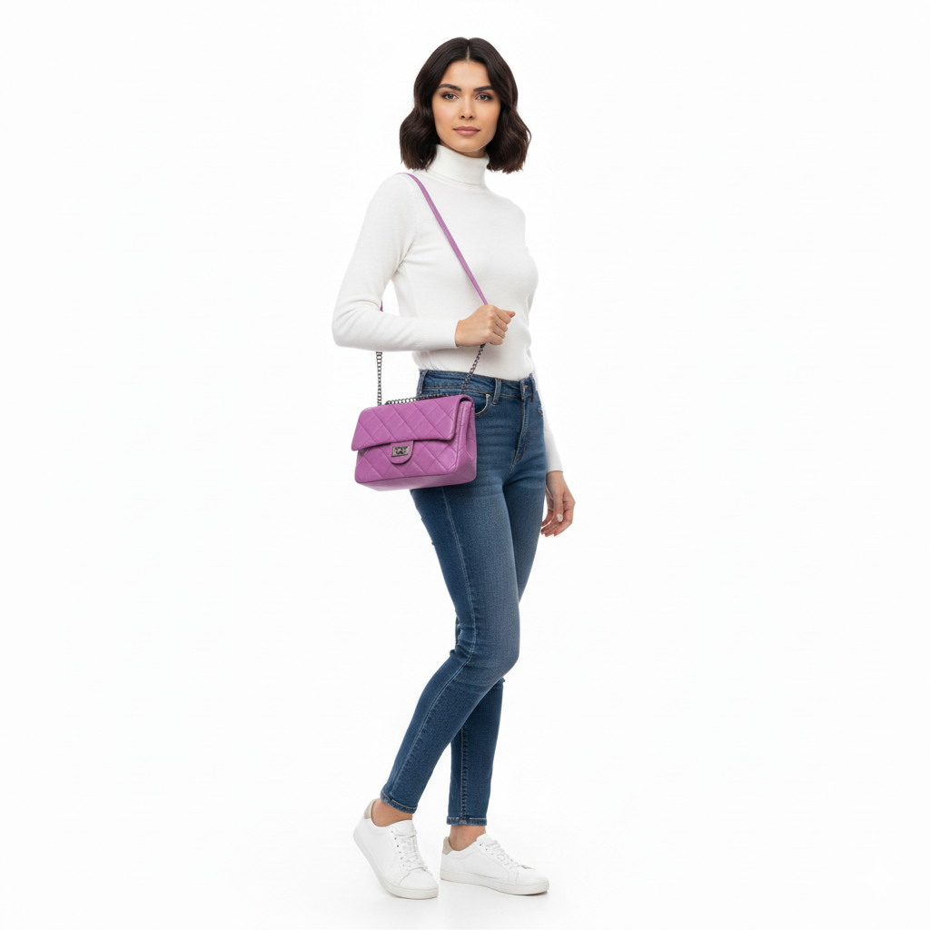 Woman wearing a white turtleneck, blue jeans, and carrying a purple handbag on a white background