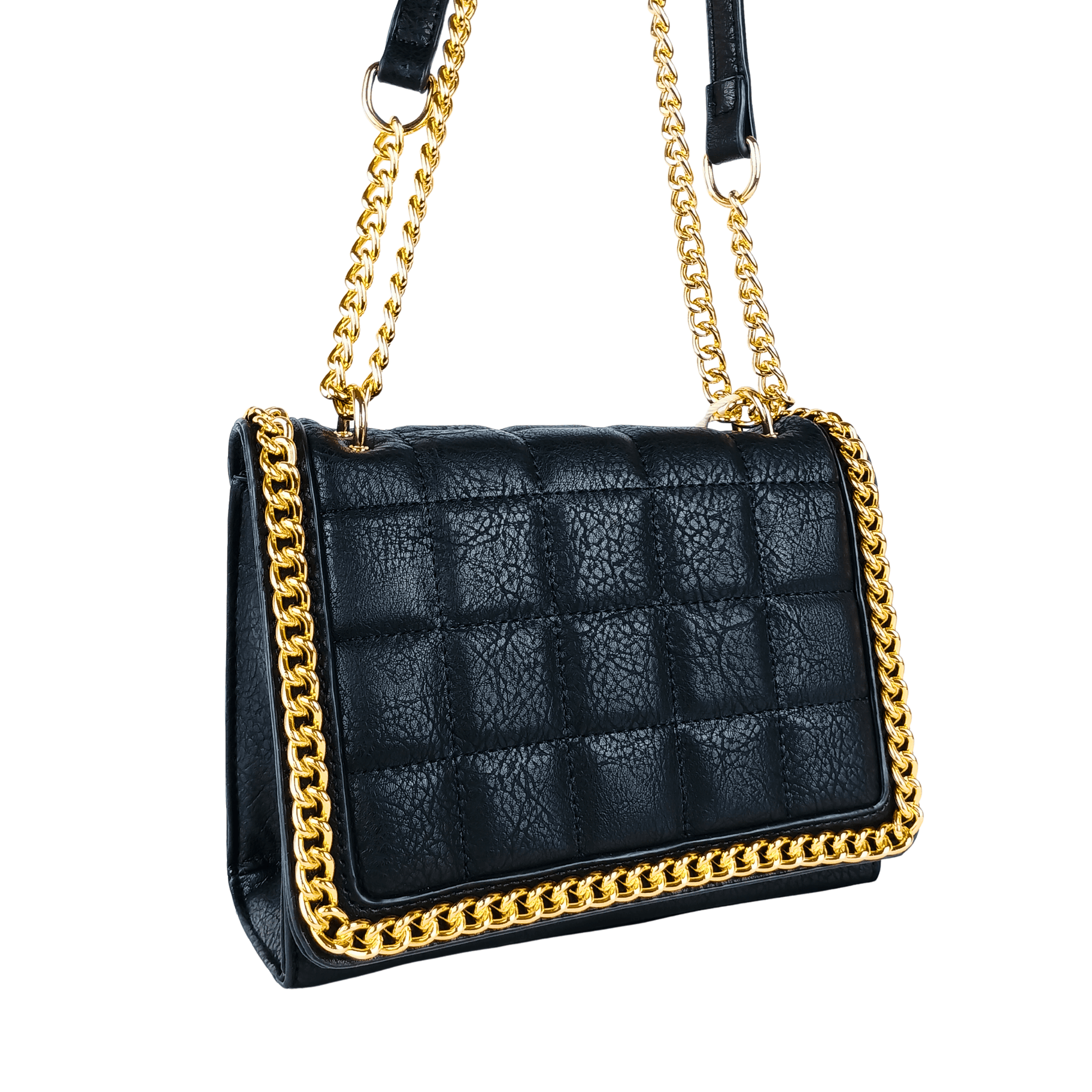 Quilted Black Faux Leather Crossbody Bag with Gold Chain Handle - Stile Donna Bags