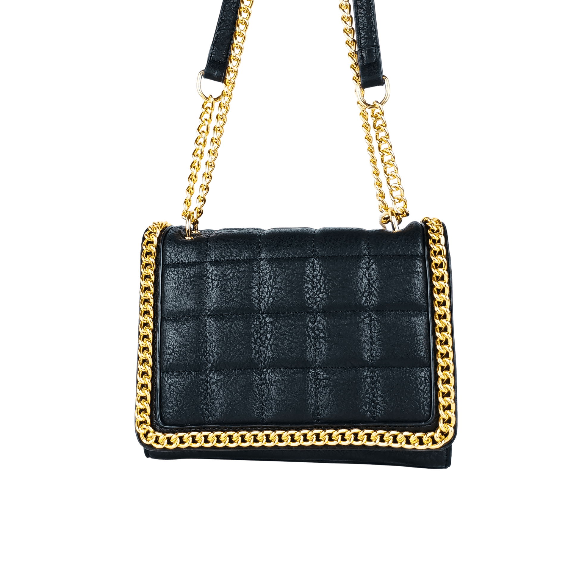 Quilted Black Faux Leather Crossbody Bag with Gold Chain Handle - Stile Donna Bags
