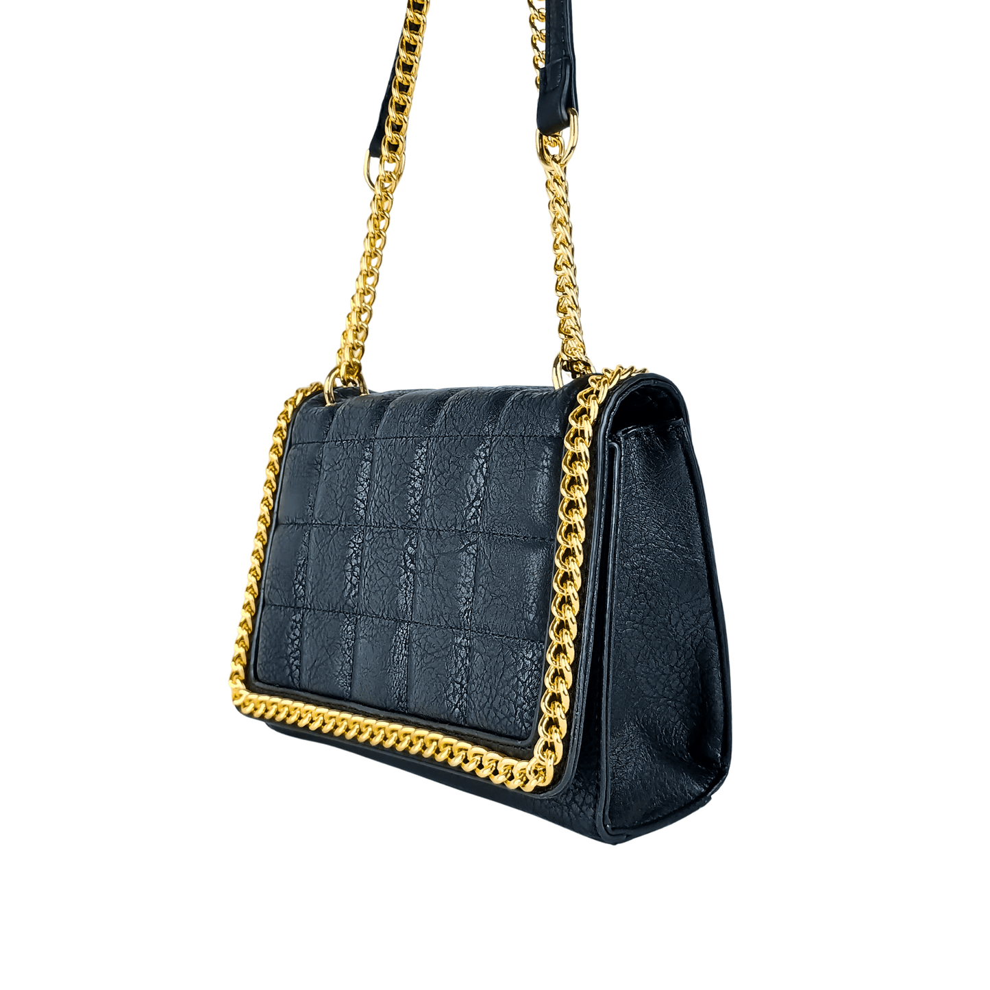 Quilted Black Faux Leather Crossbody Bag with Gold Chain Handle - Stile Donna Bags