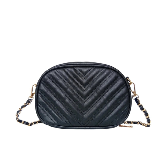 Quilted oval crossbody bag - V-stitched pattern MS-5941 - Black - Crossbody