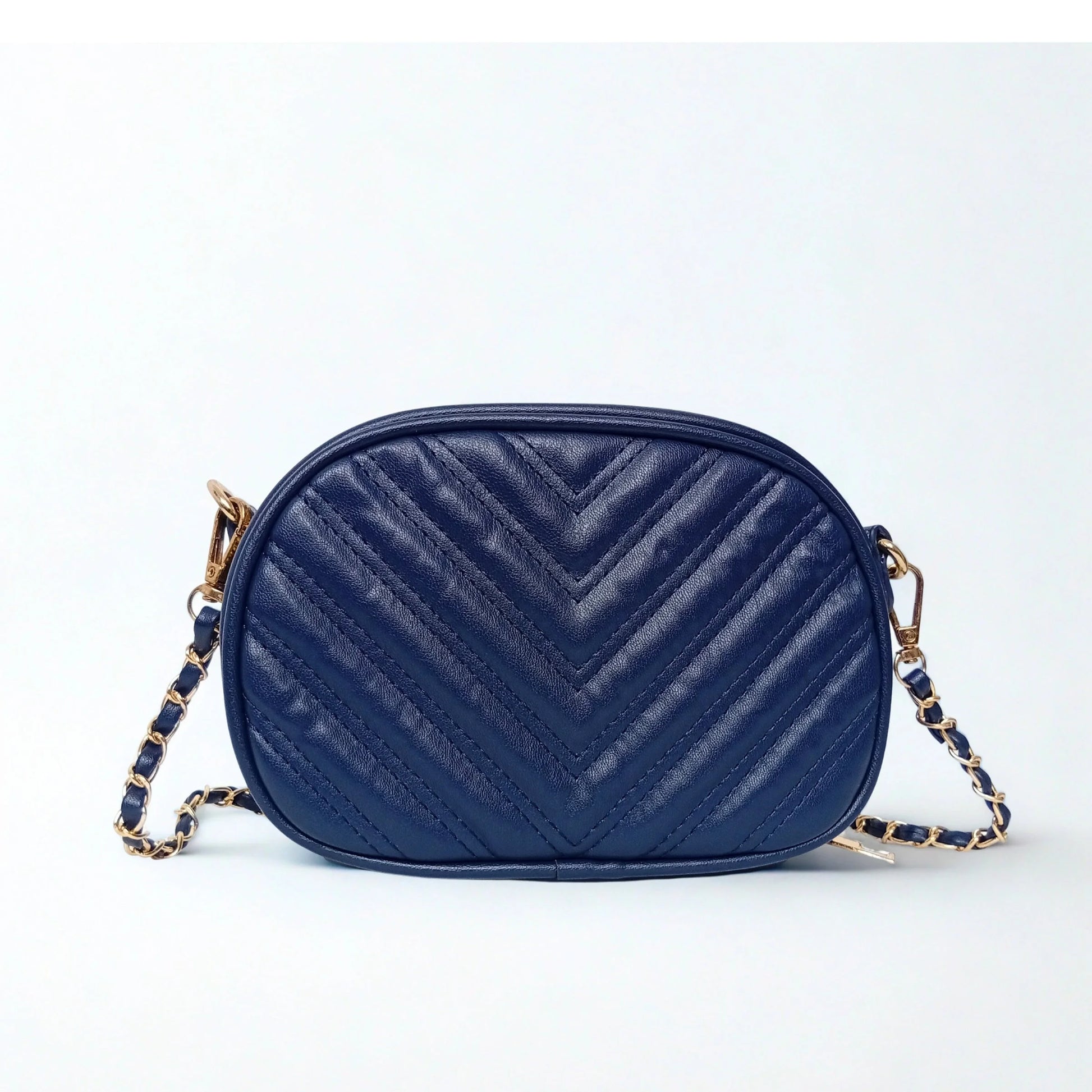 Quilted oval crossbody bag - V-stitched pattern MS-5941 - Blue - Crossbody