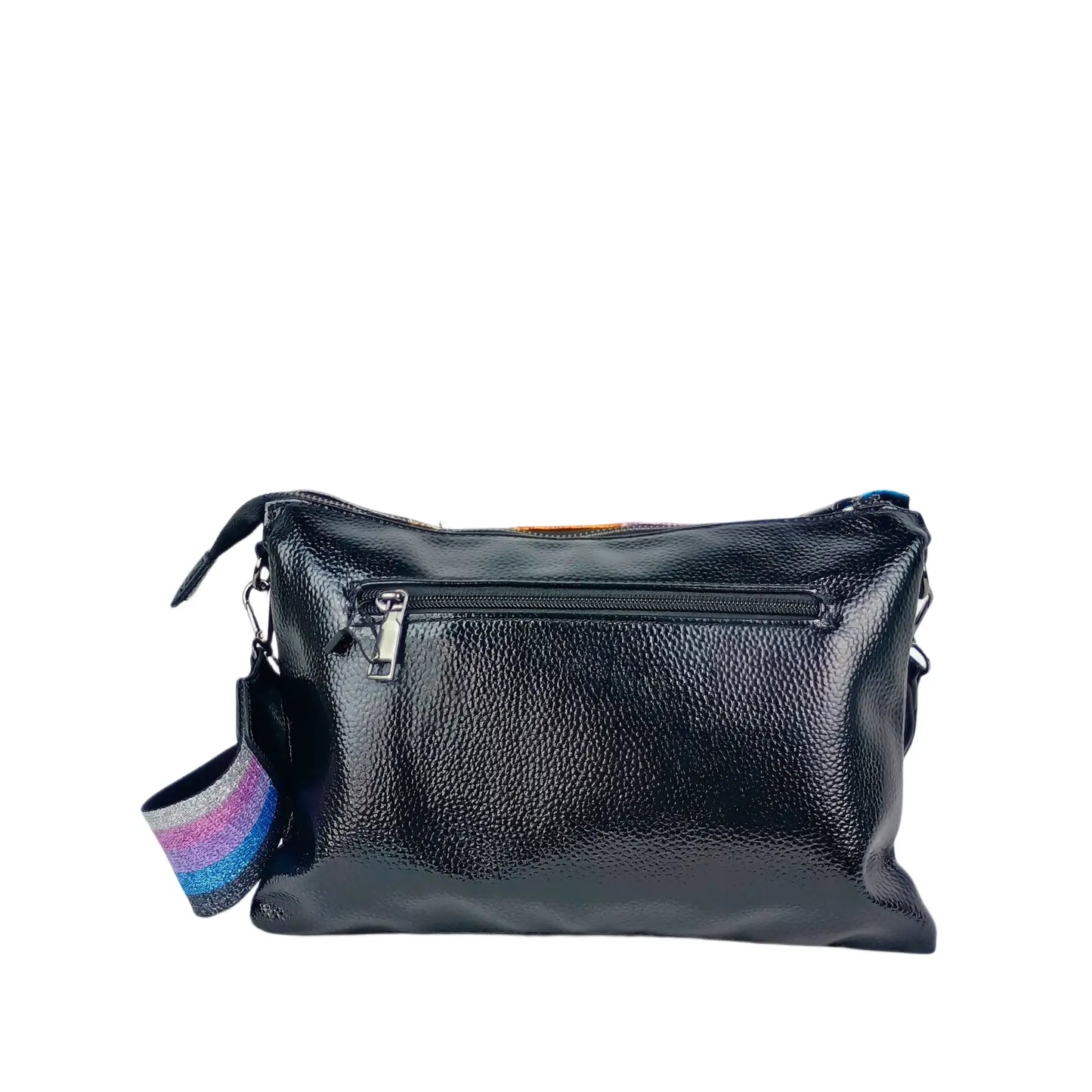 Black pebbled leather crossbody bag with rainbow-striped strap and rear zip pocket