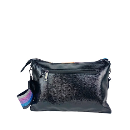 Black pebbled leather crossbody bag with rainbow-striped strap and rear zip pocket