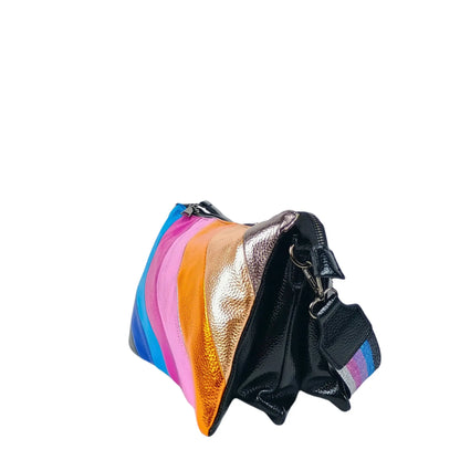 Colorful Rainbow Leather Crossbody Bag with Metallic Stripes and striped fabric strap