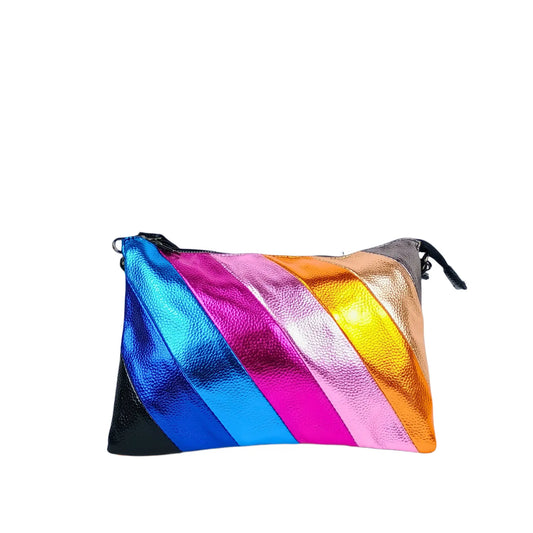 Rainbow leather crossbody bag with metallic striped rectangular design