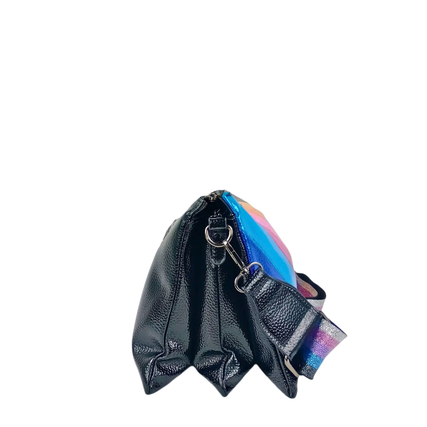 Shiny dark blue Rainbow Leather Crossbody Bag with iridescent strap and metallic stripes