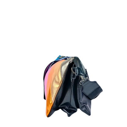 Shiny rainbow leather crossbody bag with metallic stripes and black strap