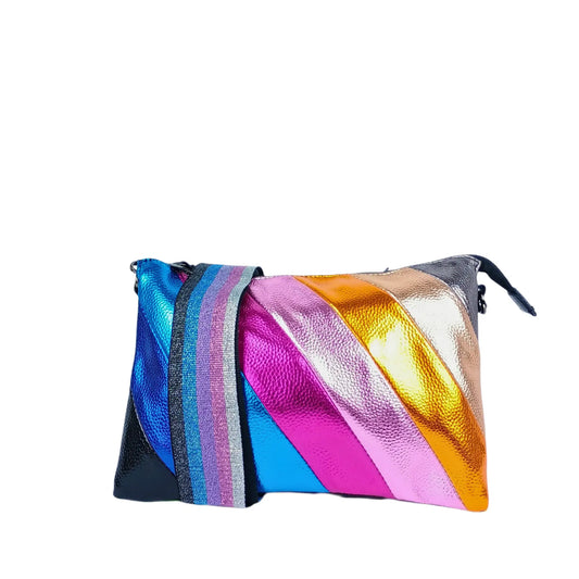 Rainbow leather crossbody bag with metallic rainbow stripes and striped strap