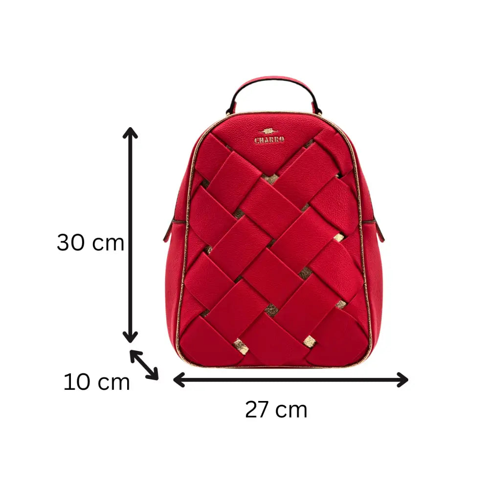 Red woven backpack with dimensions labeled on a white background