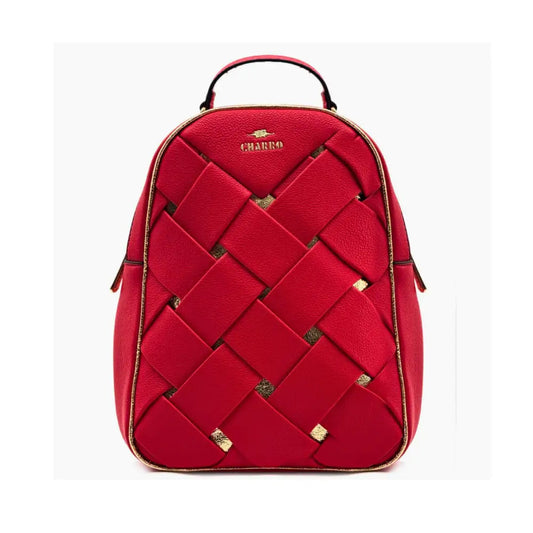 Red woven backpack with gold accents on a white background