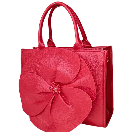 Red Leather Womens Handbag with Flower Stitch Accent - Stile Donna Bags