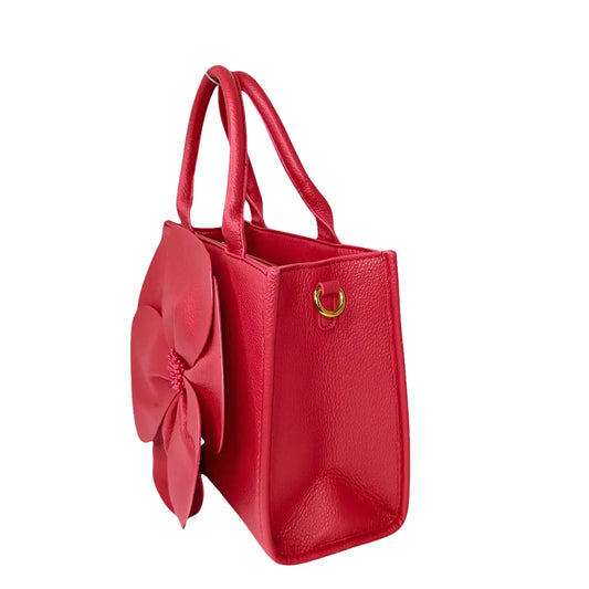 Red Leather Womens Handbag with Flower Stitch Accent - Stile Donna Bags