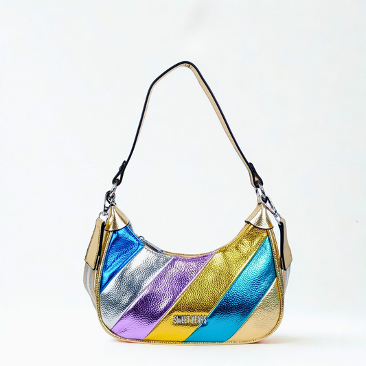 Multicolored handbag with metallic finish on a white background
