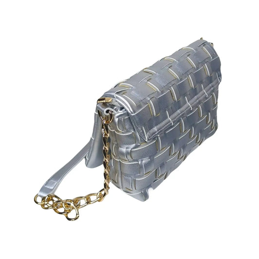 Gray woven Silva Leather Shoulder Bag with Gold Chain Strap for elegant leather shoulder style