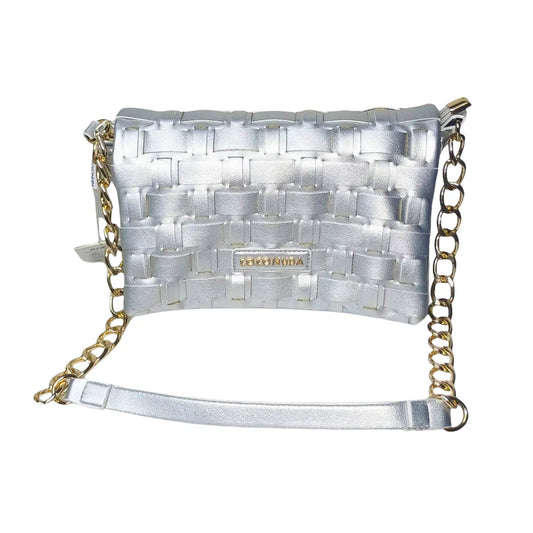 Silver woven Silva Leather Shoulder Bag with gold chain strap for elegant style