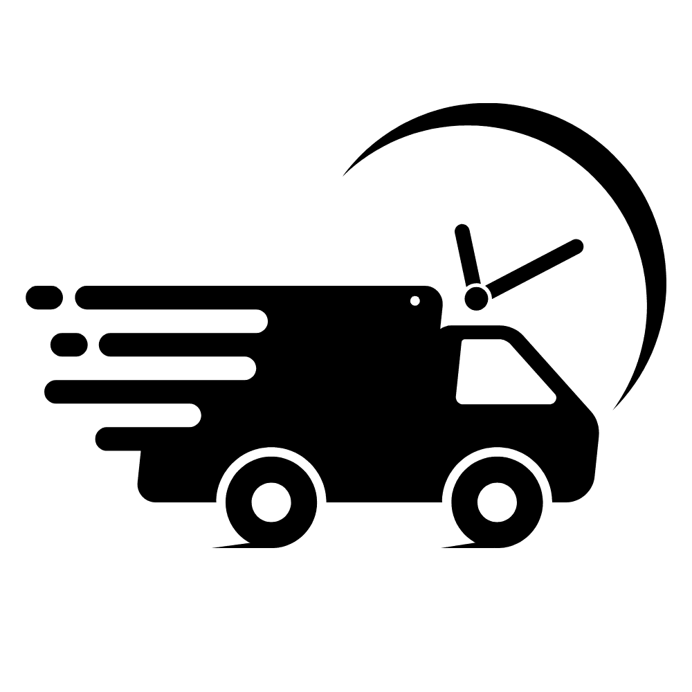 Black silhouette of a delivery truck with a crescent moon and clock, symbolizing time-sensitive deliveries.