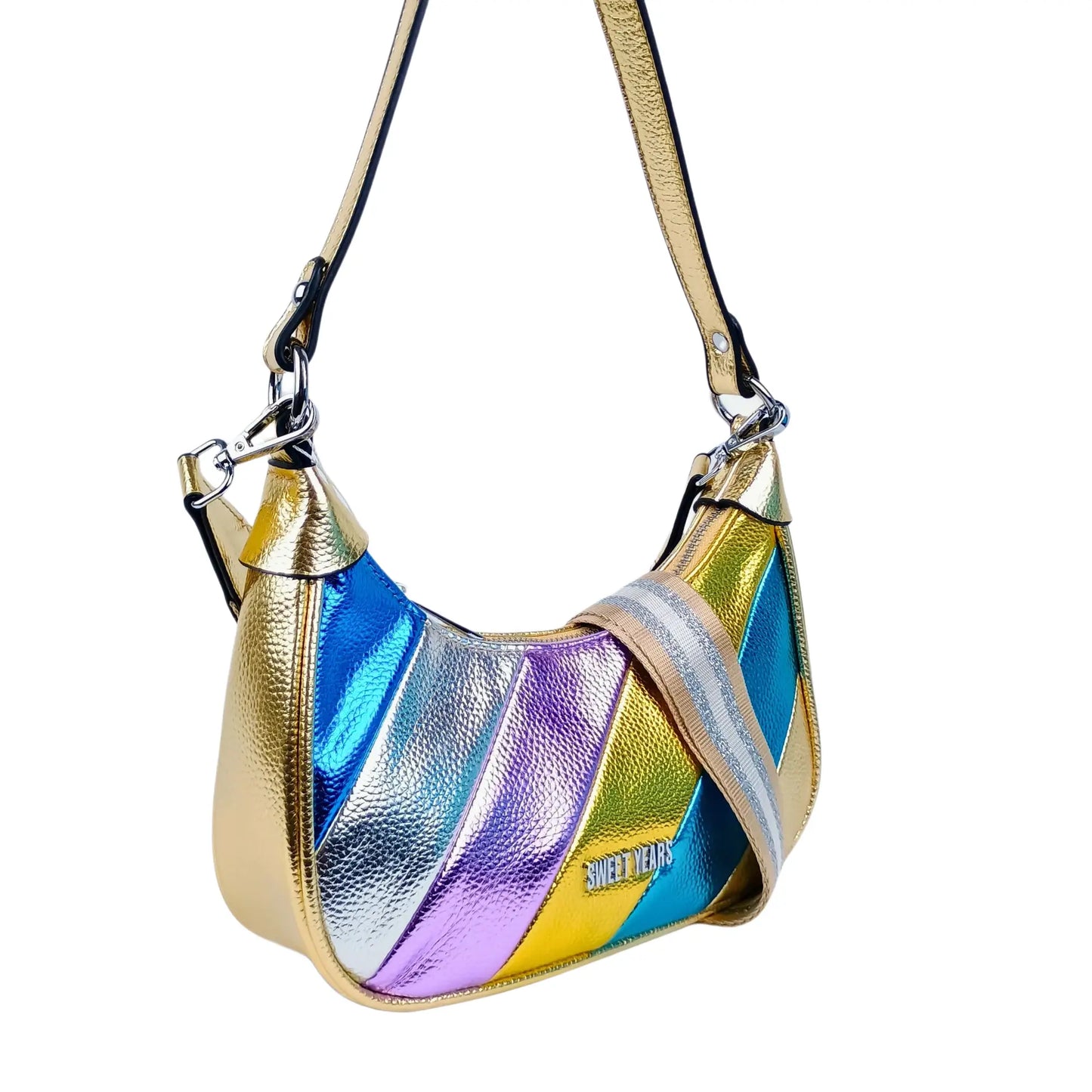 Sweet Year Rainbow metallic striped crossbody bag with gold handle and trim