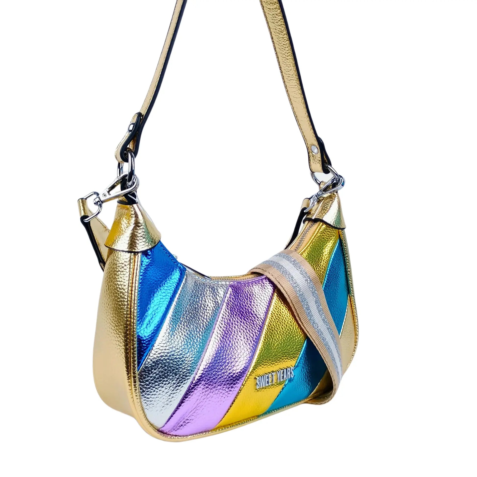 Sweet Year Rainbow metallic striped crossbody bag with gold handle and trim