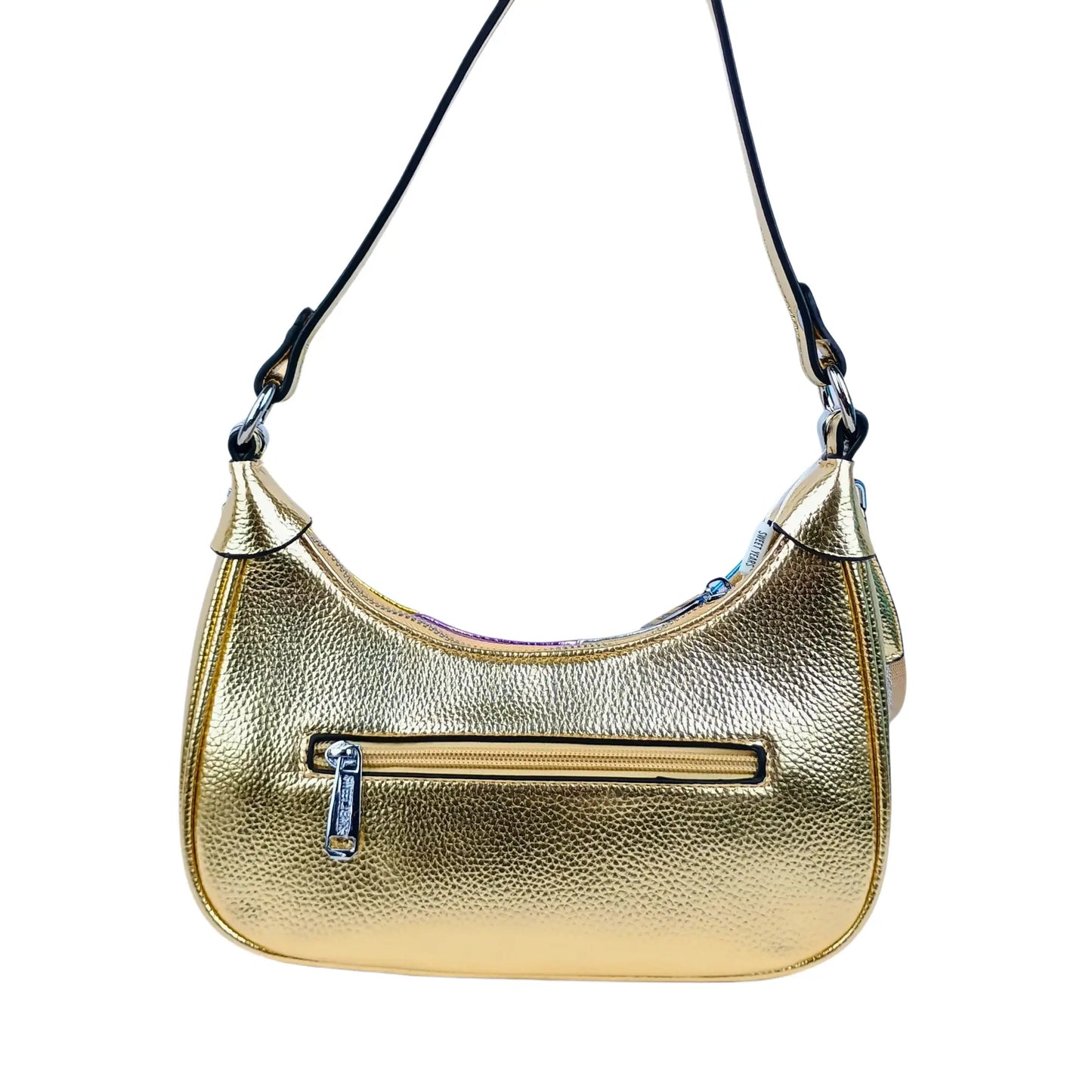 Metallic gold crescent-shaped crossbody bag with zippered back pocket from Sweet Year Rainbow leather collection