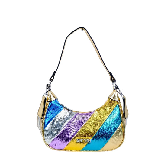 Sweet Year Rainbow metallic striped crossbody bag with gold leather trim