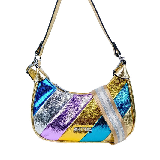 Sweet Year Rainbow metallic striped crossbody bag with gold trim and adjustable strap
