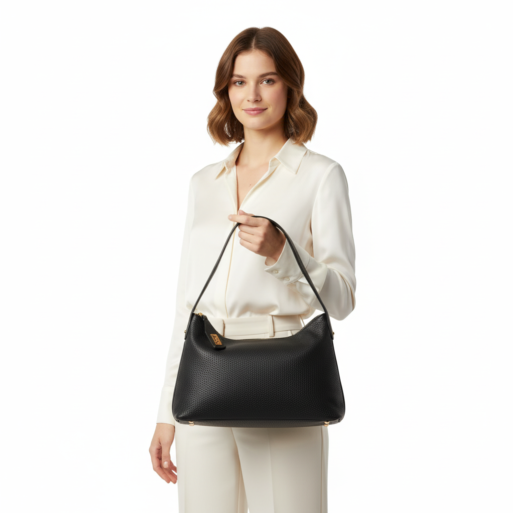 Woman holding a black handbag against a white background
