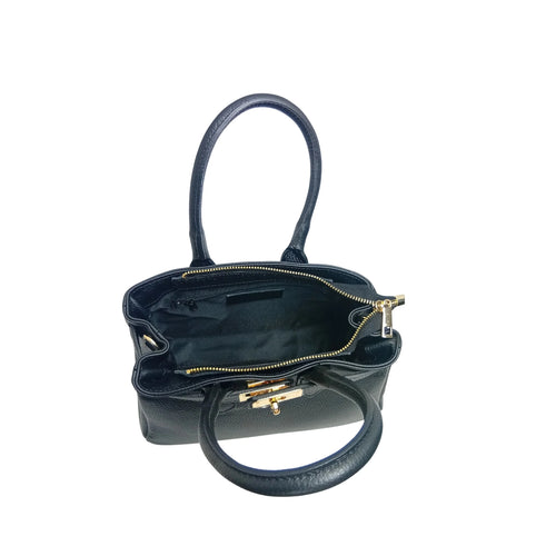 Velinara MS-0787 full-grain leather handbag with detachable strap - Black - Handbag