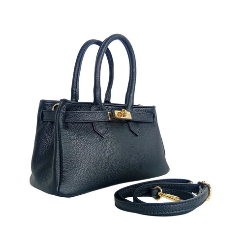Velinara MS-0787 full-grain leather handbag with detachable strap - Black - Handbag