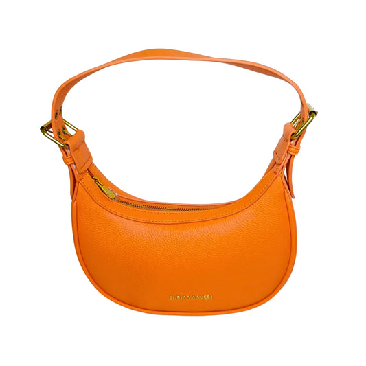 Orange handbag with gold accents on a white background