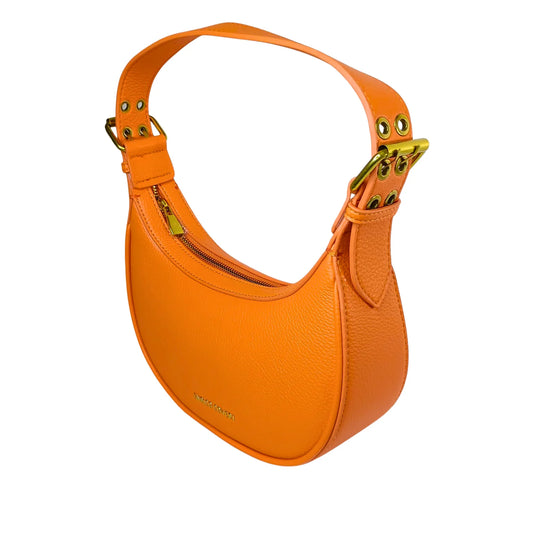 Orange handbag with gold accents on a white background