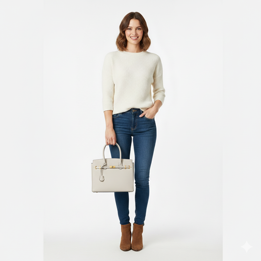 Woman holding a beige handbag wearing a white sweater, blue jeans, and brown boots on a white background