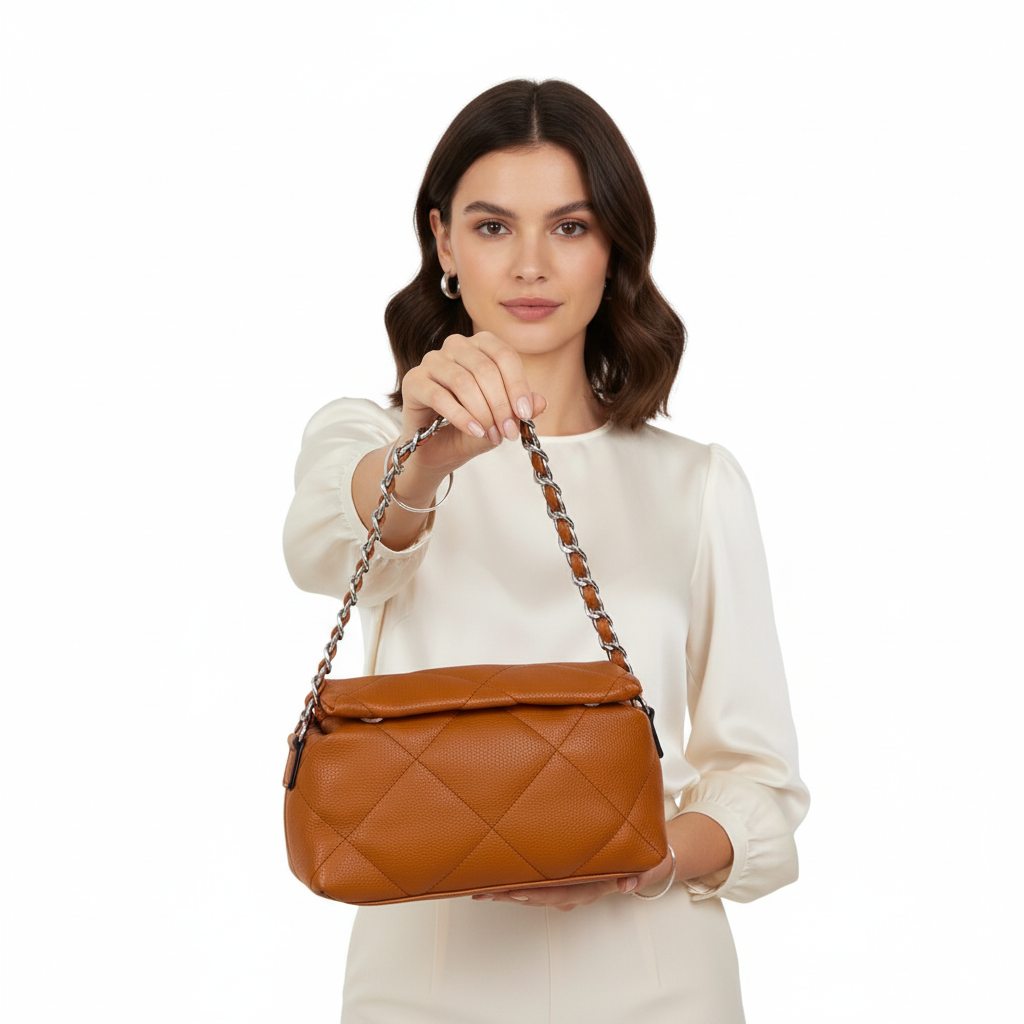 Woman holding a brown quilted handbag with a chain strap on a white background