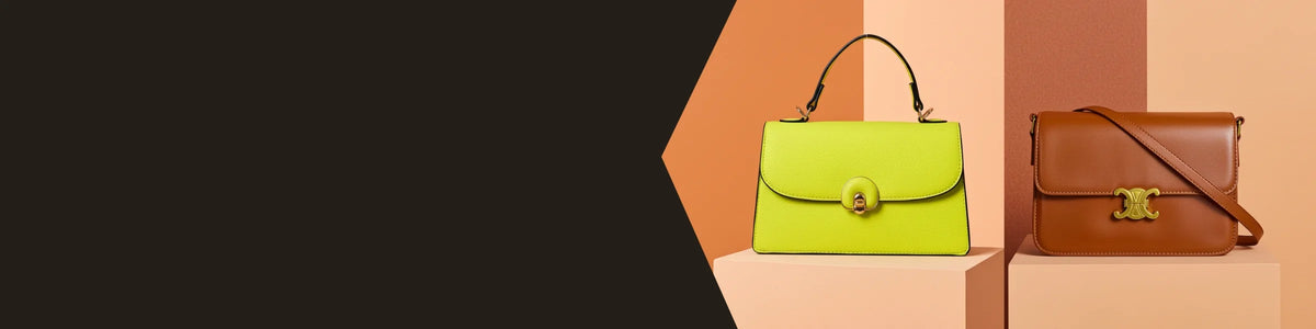 Two handbags, one green and one brown, on a geometric patterned background.