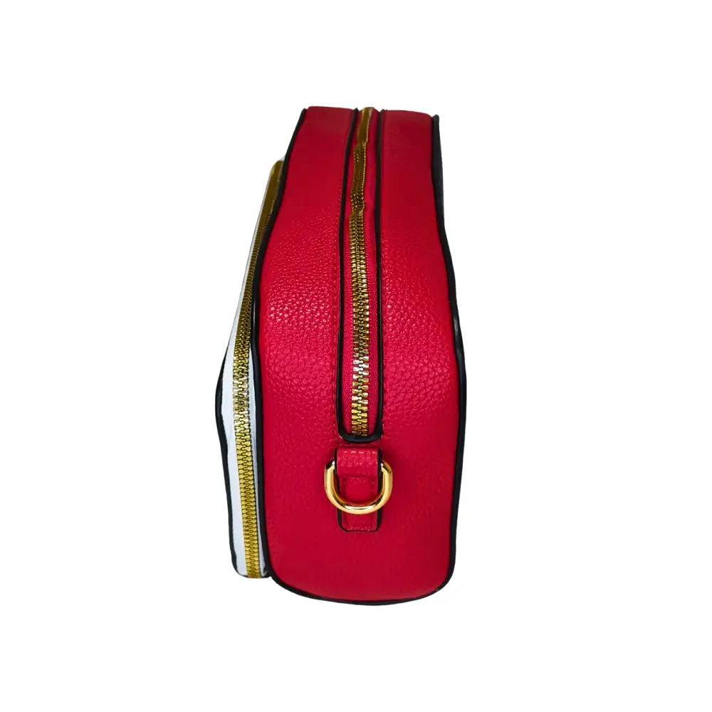 Red leather pouch with gold zipper on a white background