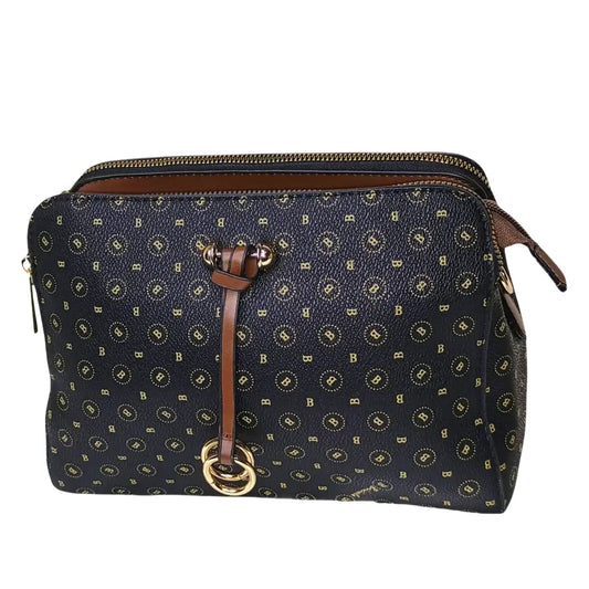 Navy blue handbag with gold pattern and brown leather accents on a white background